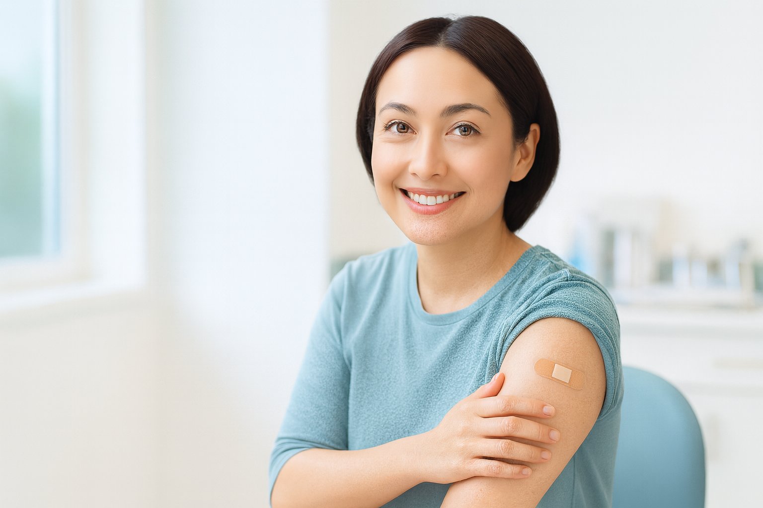 上腕に絆創膏を貼って微笑む女性