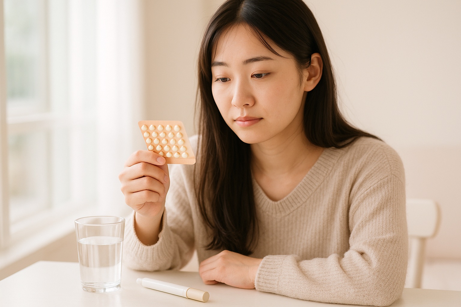ピルのシートを見つめる若い女性とGLP-1製剤のペン型注射器